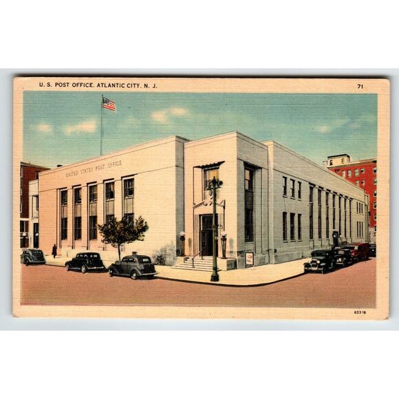 Postcard US Post Office Atlantic City New Jersey Old Cars Linen Vintage Tichnor - Picture 1 of 2